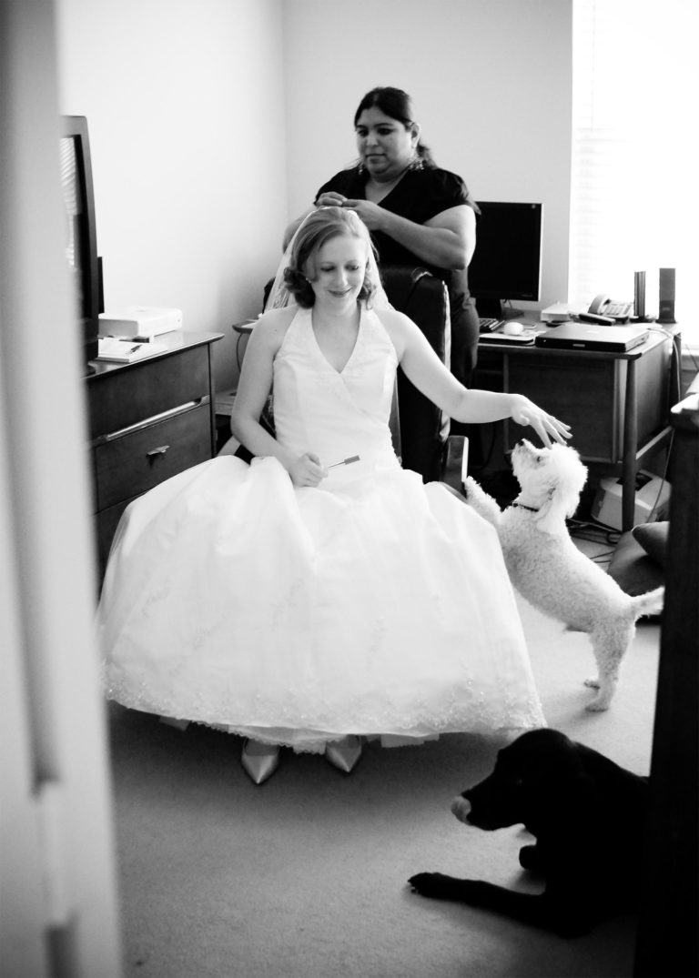 Bride Elinor pets her dog on her wedding day photographed through a door frame in a downtown San Antonio hotel