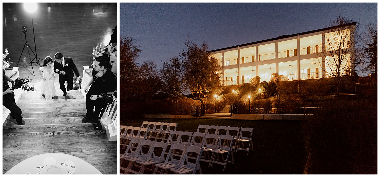 The bride and groom stride up the grand staircase to cut the cake and the right image shows Kendall point at dusk